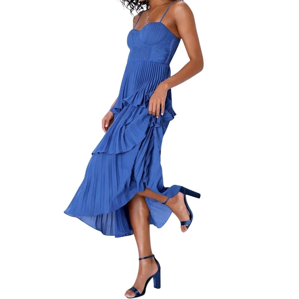 NWT Lulus Cascading Crush Cobalt Blue Tiered Bustier Midi Dress XS Party Pleated